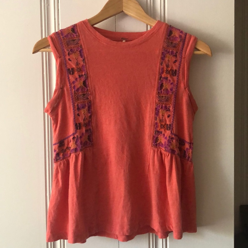 Free People coral embroidered top